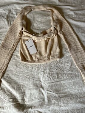 RUVE Cream Knit Long-Sleeve Cutout Crop Top & Bag